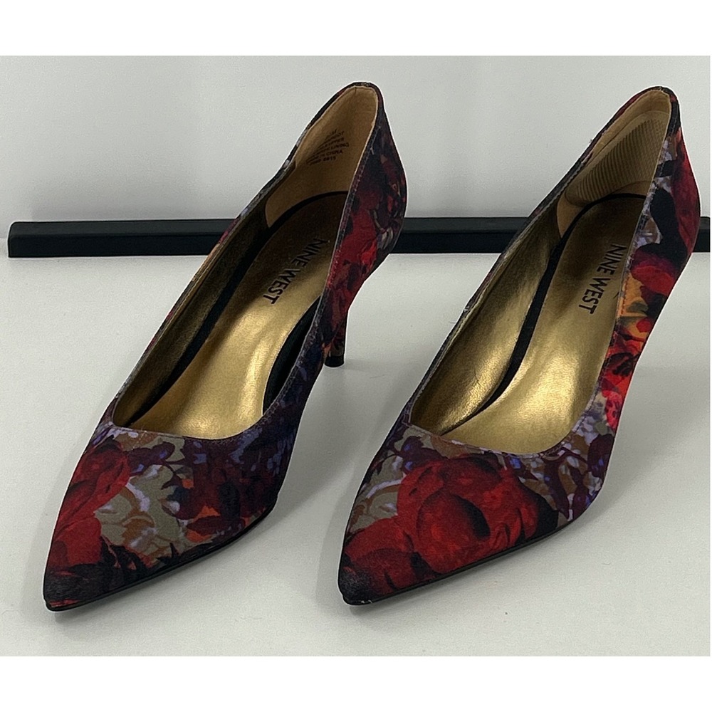 Nine West Margot Floral Pointed Toe Kitten Heel Pumps Red Purple Multi Size 6.5M